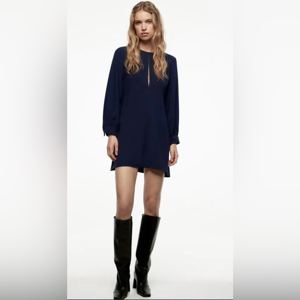 Zara Elegant Navy Blue Women's Dress with keyhole cutout & Rhinestones Size M